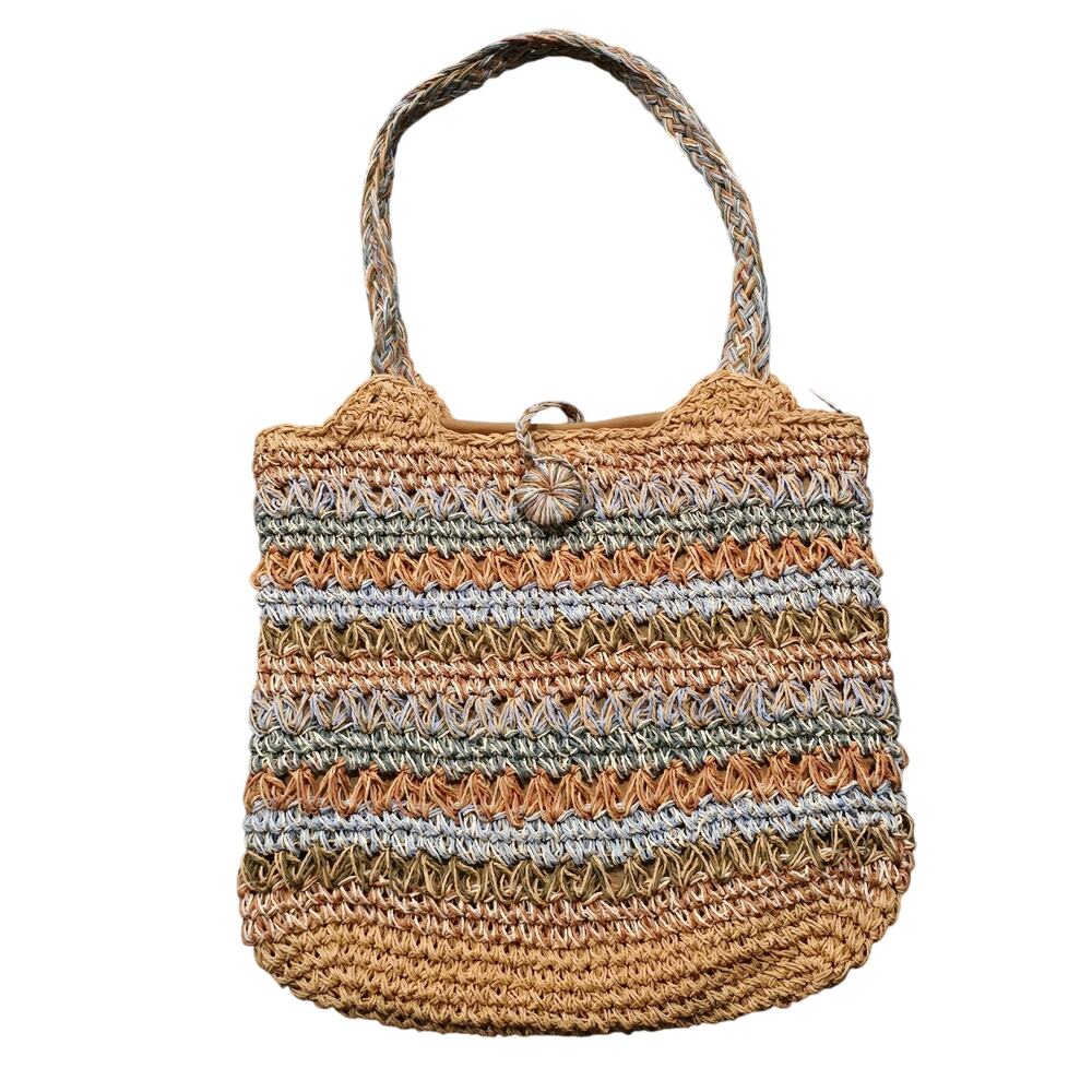 Sun 'N' Sand Straw Woven Shoulder Bag Zip Closure Multi Color Purse